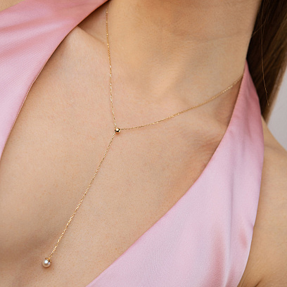 Колье - галстук "Жемчужина на цепочке" в желтом золоте (регулируемая длина) кол02635 №4