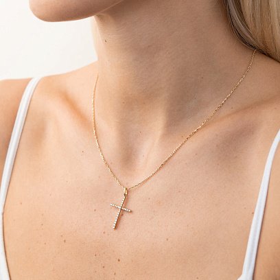 Золотая подвеска - крестик с бриллиантами пб0057gm №2