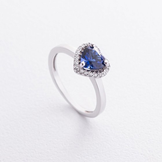 Серебряное кольцо "Сердечко" с синт. сапфиром и фианитами 1857/1p-HSPH
