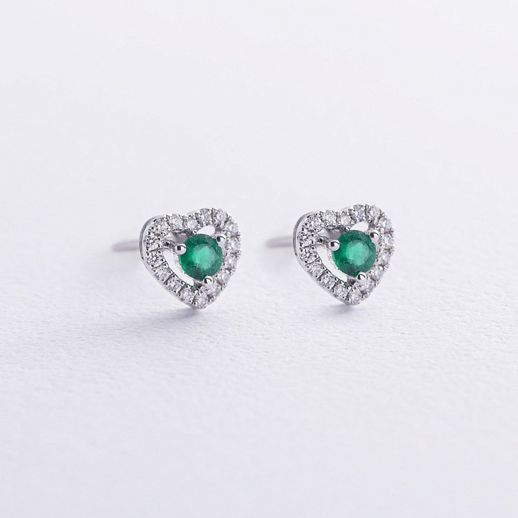 Золоті сережки - пусети "Сердечки" зі смарагдами та діамантами сб0507ca від ювелірного магазину Онікс