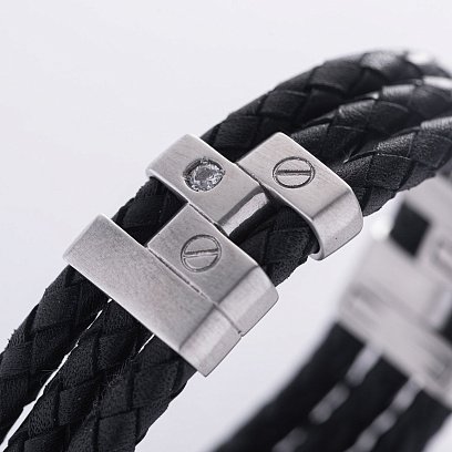 Мужской серебряный браслет с фианитами (кожа) 368 №10