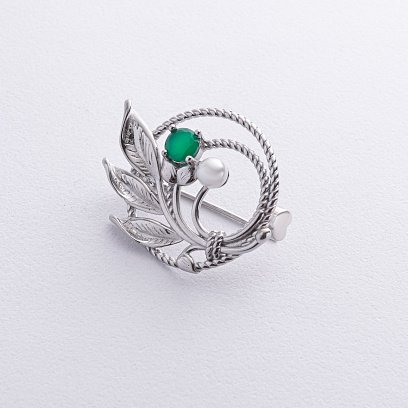 Серебряная брошь с жемчужиной и фианитом 16151