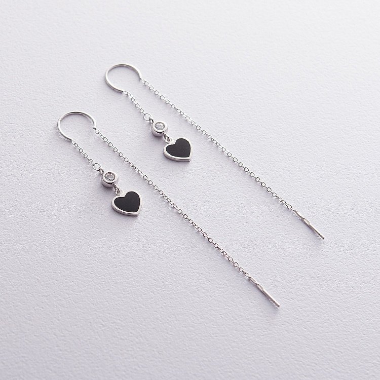 Срібні сережки "Сердечка" (емаль, фіаніти) 122206 від ювелірного магазину Онікс