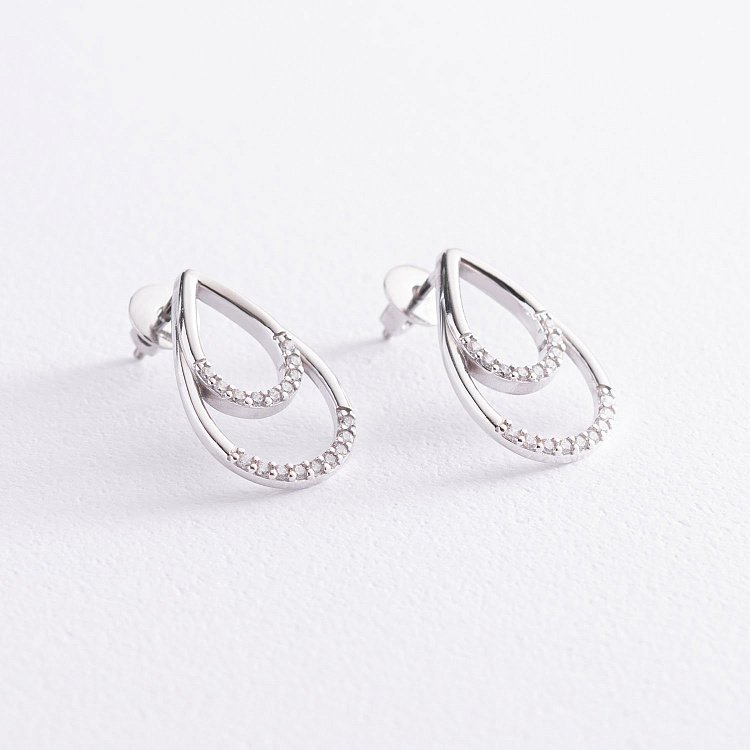 Серебряные серьги - пусеты "Капельки" с фианитами 4903 от ювелирного магазина Оникс - 1