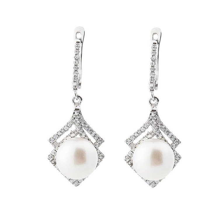 Серебряные серьги (культ. пресн. жемчуг, фианиты) 121812 от ювелирного магазина Оникс