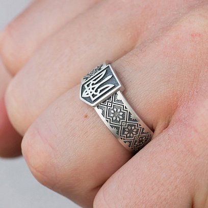 Срібна каблучка "Герб України - Тризуб. Вишиванка" 1301 №2