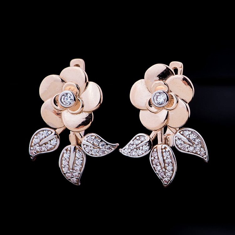 Золоті сережки "Квіточки" з фіанітами с04508 від ювелірного магазину Онікс - 1