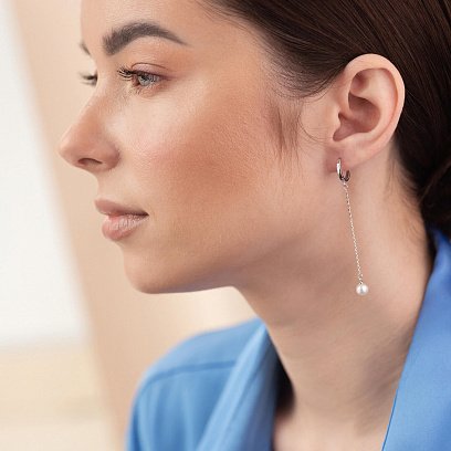 Серьги - кольца "Жемчужина на цепочке" в белом золоте с08357 №2