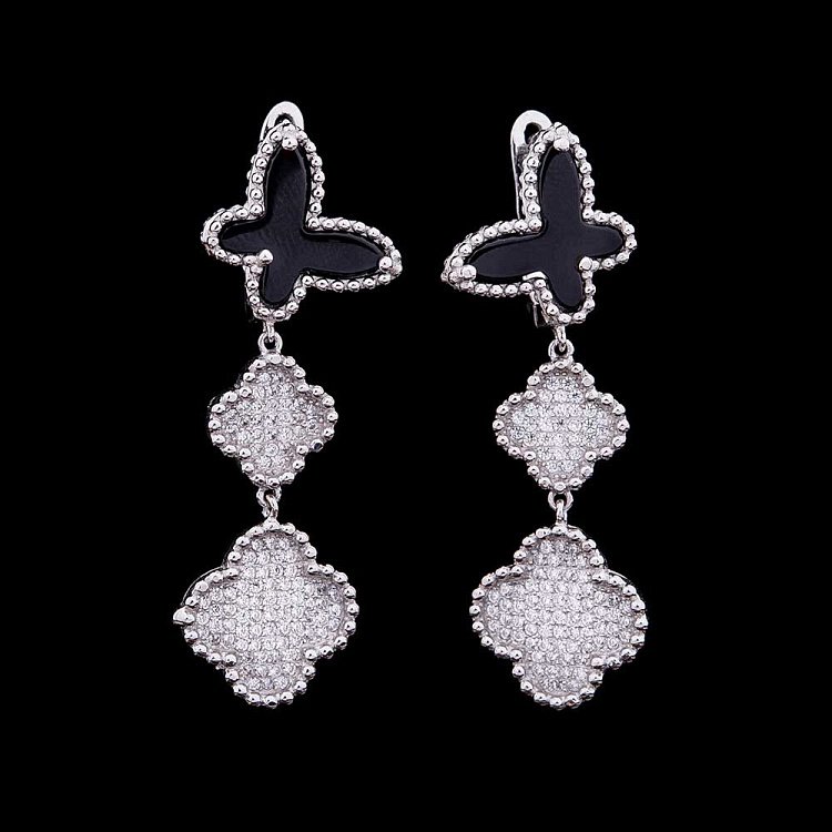 Серебряные серьги "Бабочка и клевер" с ониксом и фианитами 121734 от ювелирного магазина Оникс - 2