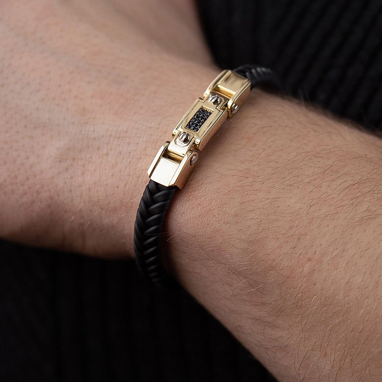 Каучуковий браслет зі вставкою жовтого золота (фіаніти) б03996 від ювелірного магазину Онікс - 5