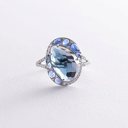 Золота каблучка (топаз, сапфіри, діаманти) R13382aj