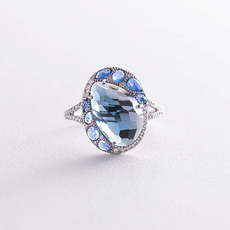 Золота каблучка (топаз, сапфіри, діаманти) R13382aj від ювелірного магазину Онікс