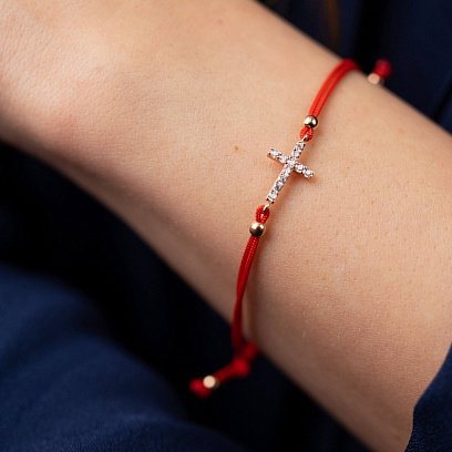 Золотой браслет "Крестик" с красной нитью (фианиты) б02856 №2
