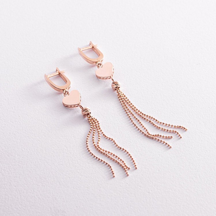 Золотые серьги "Сердечки" с цепочками с07847 от ювелирного магазина Оникс