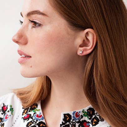 Серебряные серьги - пусеты "Звезды метеориты" с фианитами 123206 №2