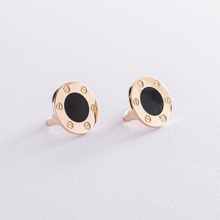 Сережки "Love" в жовтому золоті (емаль) с06796 від ювелірного магазину Онікс