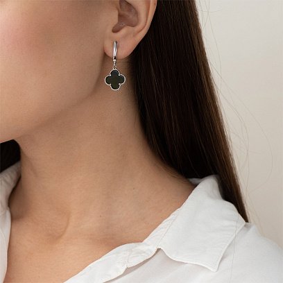 Серебряные серьги "Клевер" (оникс) 122809 №3