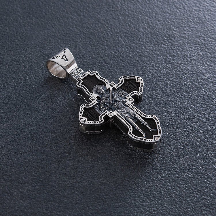 Серебряный крест "Распятие. Архангел Михаил" с эбеновым деревом 943 от ювелирного магазина Оникс - 8