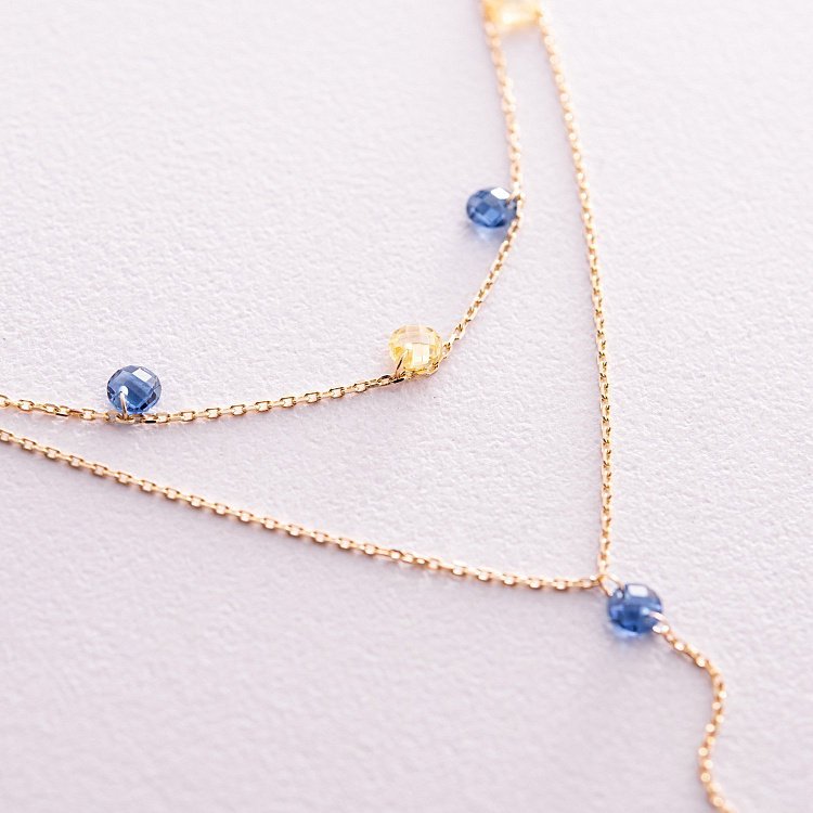 Золоте кольє - краватка "Українка" (сині та жовті фіаніти) кол02329 від ювелірного магазину Онікс - 2