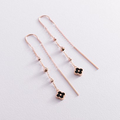 Золоті сережки - протяжки "Конюшина" (емаль) с07613