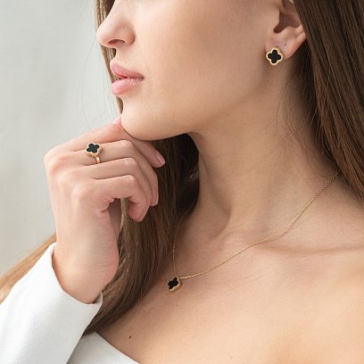 Сережки "Конюшина" в жовтому золоті (онікс) с07509 №2