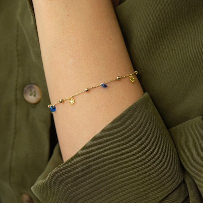 Золотий браслет "Незалежна" з кульками (сині та жовті фіаніти) б05156 №6