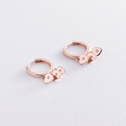 Золотые серьги - кольца "Сердечки" с фианитами с07476 №3