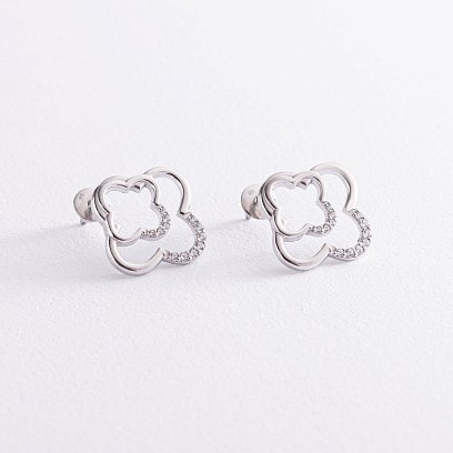 Серебряные серьги - пусеты "Клевер" с фианитами 4908