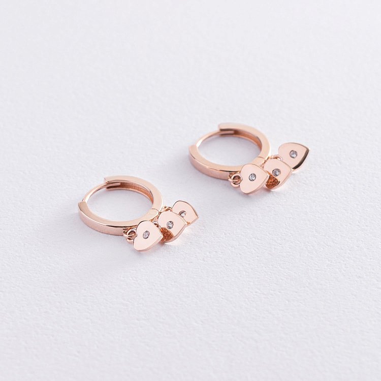 Золотые серьги - кольца "Сердечки" с фианитами с07476 от ювелирного магазина Оникс - 2