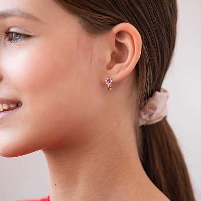 Детские золотые сережки "Цветочки" с розовыми фианитами с04342 №4