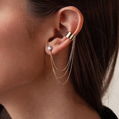 Сережка - каффа "Трініті" в жовтому золоті з ланцюжками (фіаніт) с08041 №2