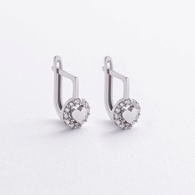 ﻿Дитячі сережки "Сердечки" в білому золоті (фіаніти) с09283 від ювелірного магазину Онікс
