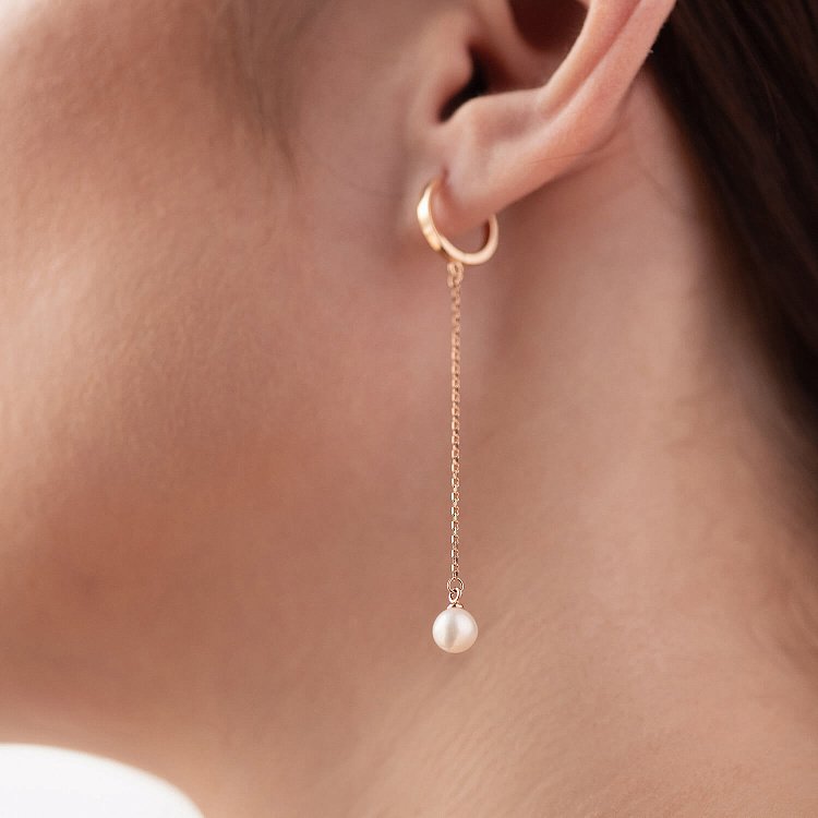 Серьги - кольца "Жемчужина на цепочке" в красном золоте с08355 от ювелирного магазина Оникс - 6