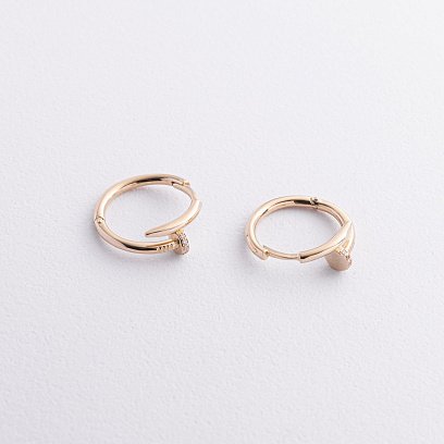 Серьги - кольца "Гвоздь" в желтом золоте (фианиты) с09329 №3