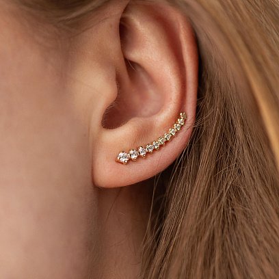 Серьги - клаймберы с фианитами (желтое золото) с08437