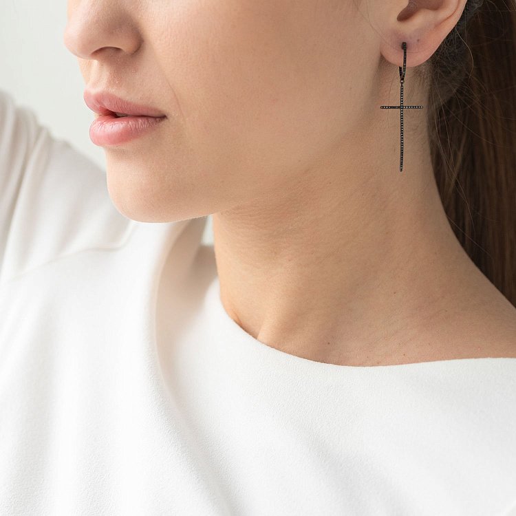 Золотые серьги "Кресты" с черными бриллиантами сб0202ch от ювелирного магазина Оникс - 1