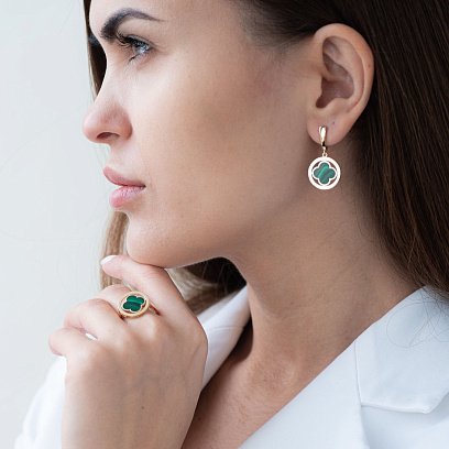 Серьги "Клевер" в желтом золоте (эмаль) с07178 №2