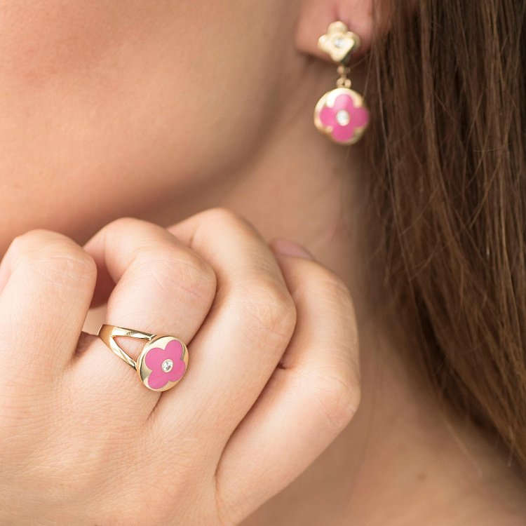 Золота каблучка з конюшиною (емаль, фіаніт) к05693 від ювелірного магазину Онікс - 3