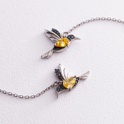 Срібні сережки - протяжки "Колібрі" (сині та жовті камені) 530 №6