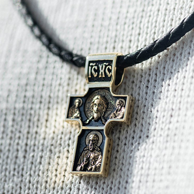 Золотий православний хрест "Спас Нерукотворний. Святитель Миколай Чудотворець. Георгій Переможець" п03840 від ювелірного магазину Онікс - 3