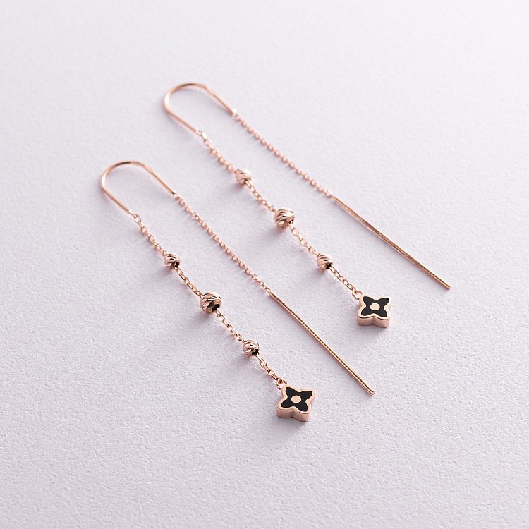 Золотые серьги - протяжки "Клевер" (эмаль) с07667 от ювелирного магазина Оникс