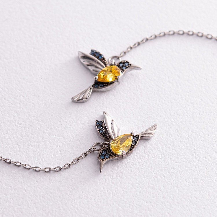 Срібні сережки - протяжки "Колібрі" (сині та жовті камені) 530 від ювелірного магазину Онікс - 5