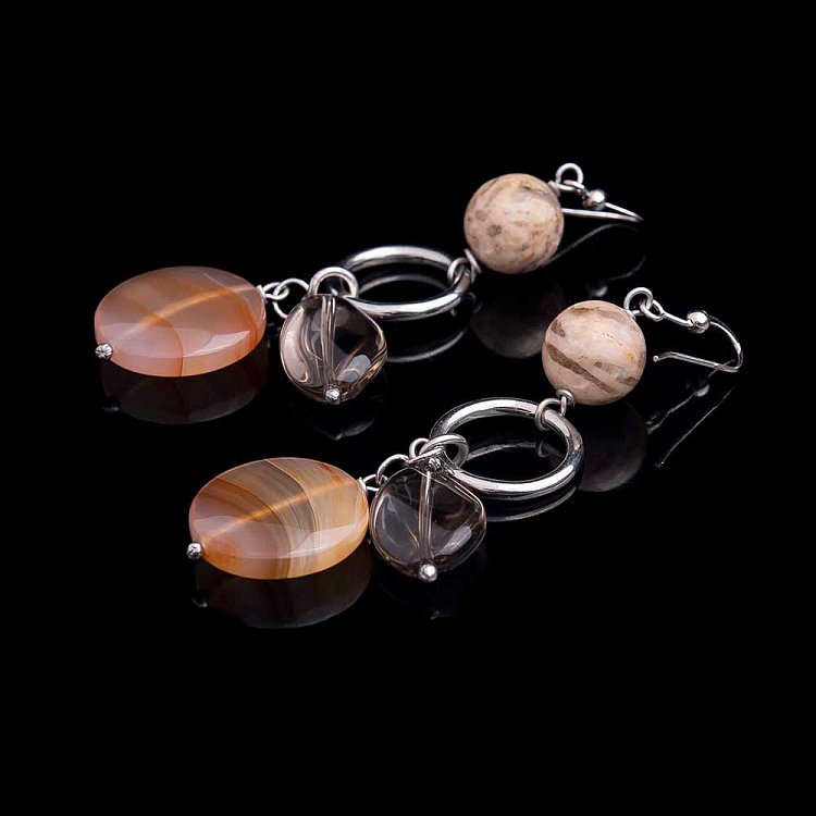 Сережки з агатом і кварцом димчастим 218с9 - 1 Сережки з агатом і кварцом димчастим 218с9 від ювелірного магазину Онікс - 1