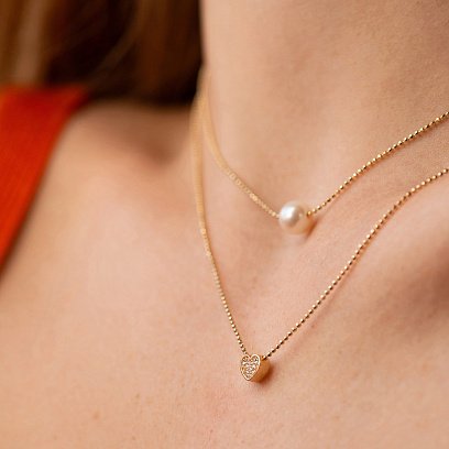 Подвійне кольє "Сердечко і перлина" з фіанітами (жовте золото) кол02545 №4
