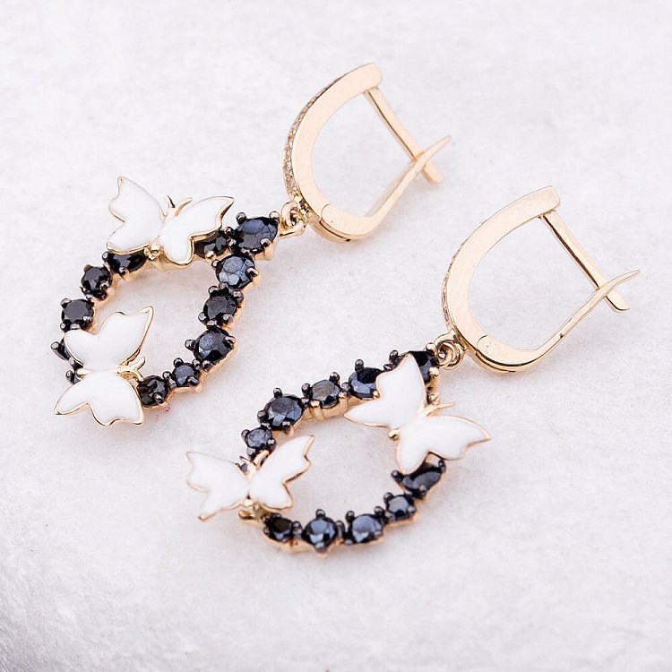 Золоті сережки "Метелики" з емаллю і фіанітами с03442 від ювелірного магазину Онікс - 2