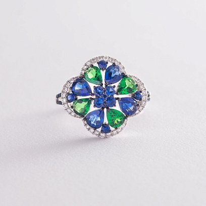 Золота каблучка з сапфірами, діамантами і уваровітом кб0087gm