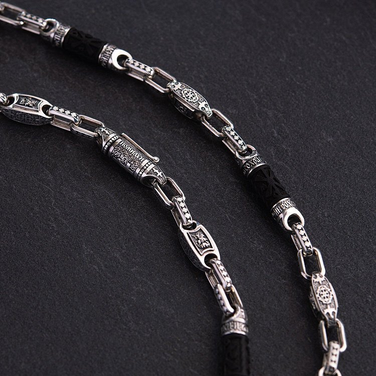 Чоловічий срібний ланцюжок "Спаси і збережи" з ебеновим деревом 810 від ювелірного магазину Онікс