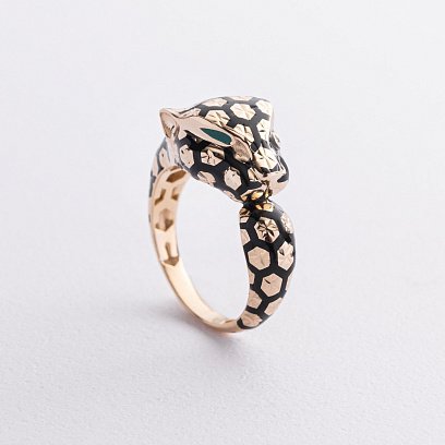 Золота каблучка "Пантера" (емаль, фіаніти) к07012