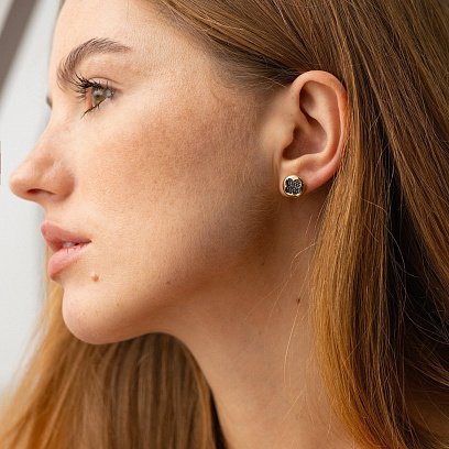 Золоті сережки - пусети "Конюшина" з чорними діамантами 341161622 №4