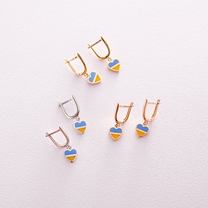 Сережки "З Україною в серці" у жовтому золоті (блакитна та жовта емаль) с08097 №6